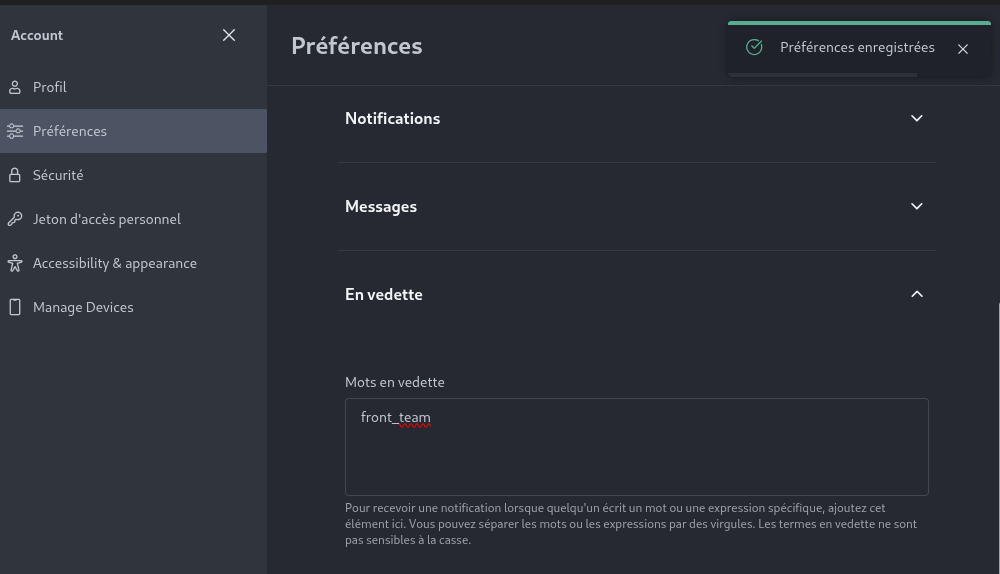 Rocket Chat user preferences